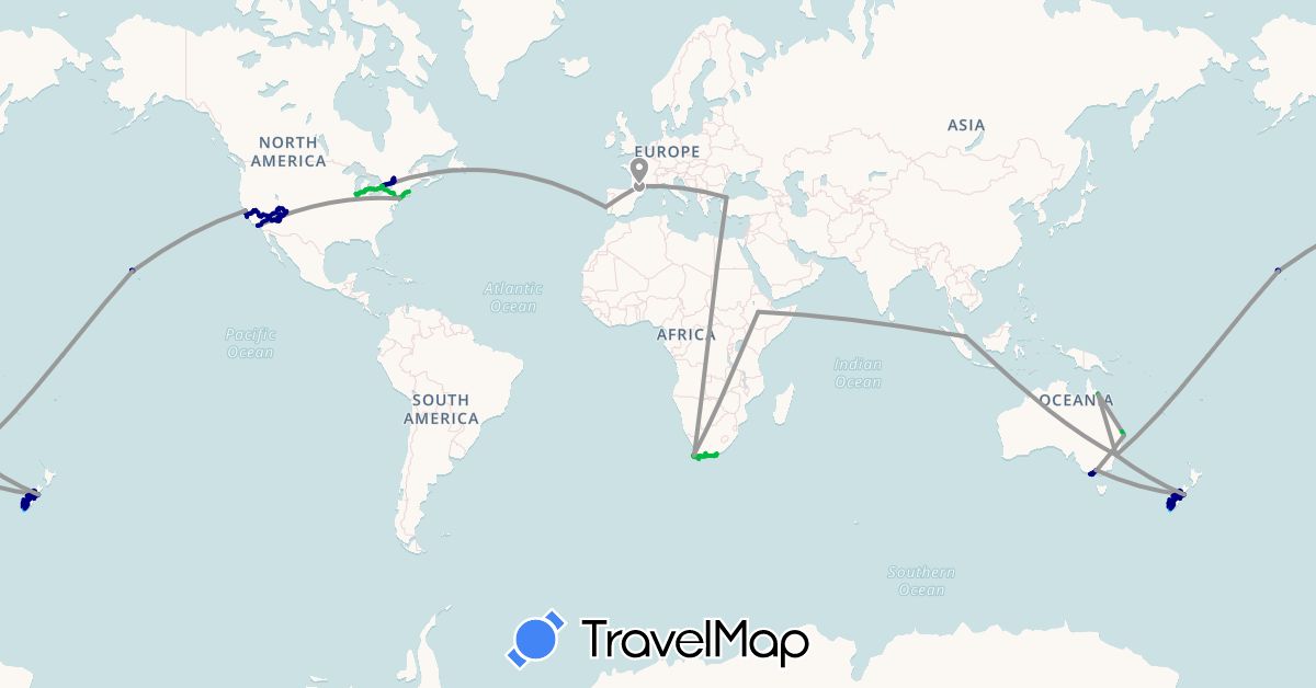 TravelMap itinerary: driving, bus, plane, boat in Australia, Canada, Ethiopia, France, New Zealand, Portugal, Singapore, Turkey, United States, South Africa (Africa, Asia, Europe, North America, Oceania)